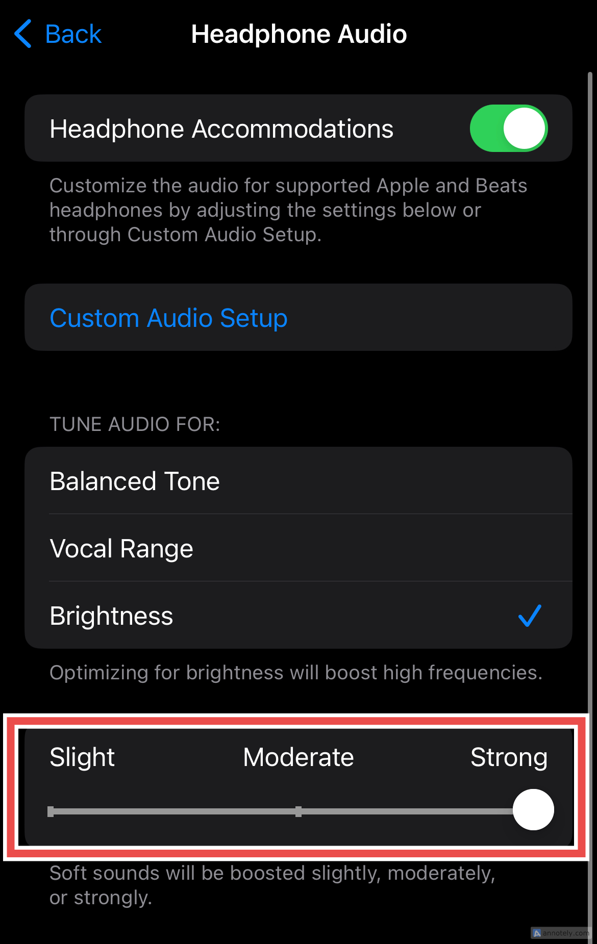 Soft sounds adjusting in headphone audio settings.