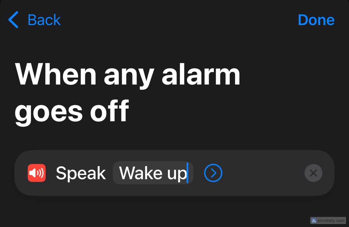 Speak text when an alarm goes off using Shortcuts.