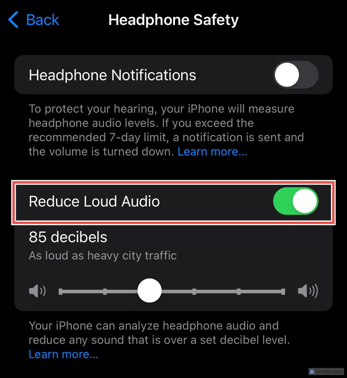 The Reduce Loud Audio setting in Headphone Safety.