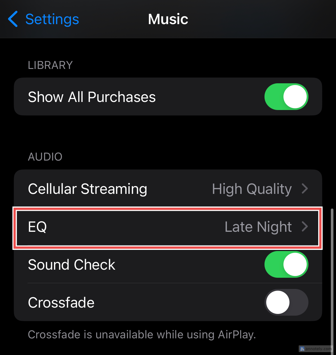 The EQ option in music settings.