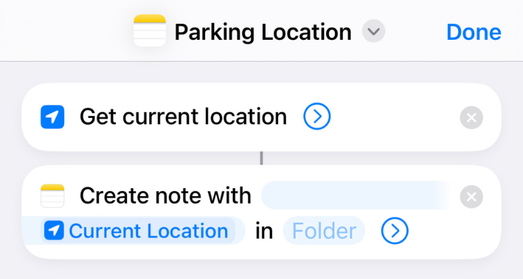 Screengrab of the Parking Location iPhone shortcut.