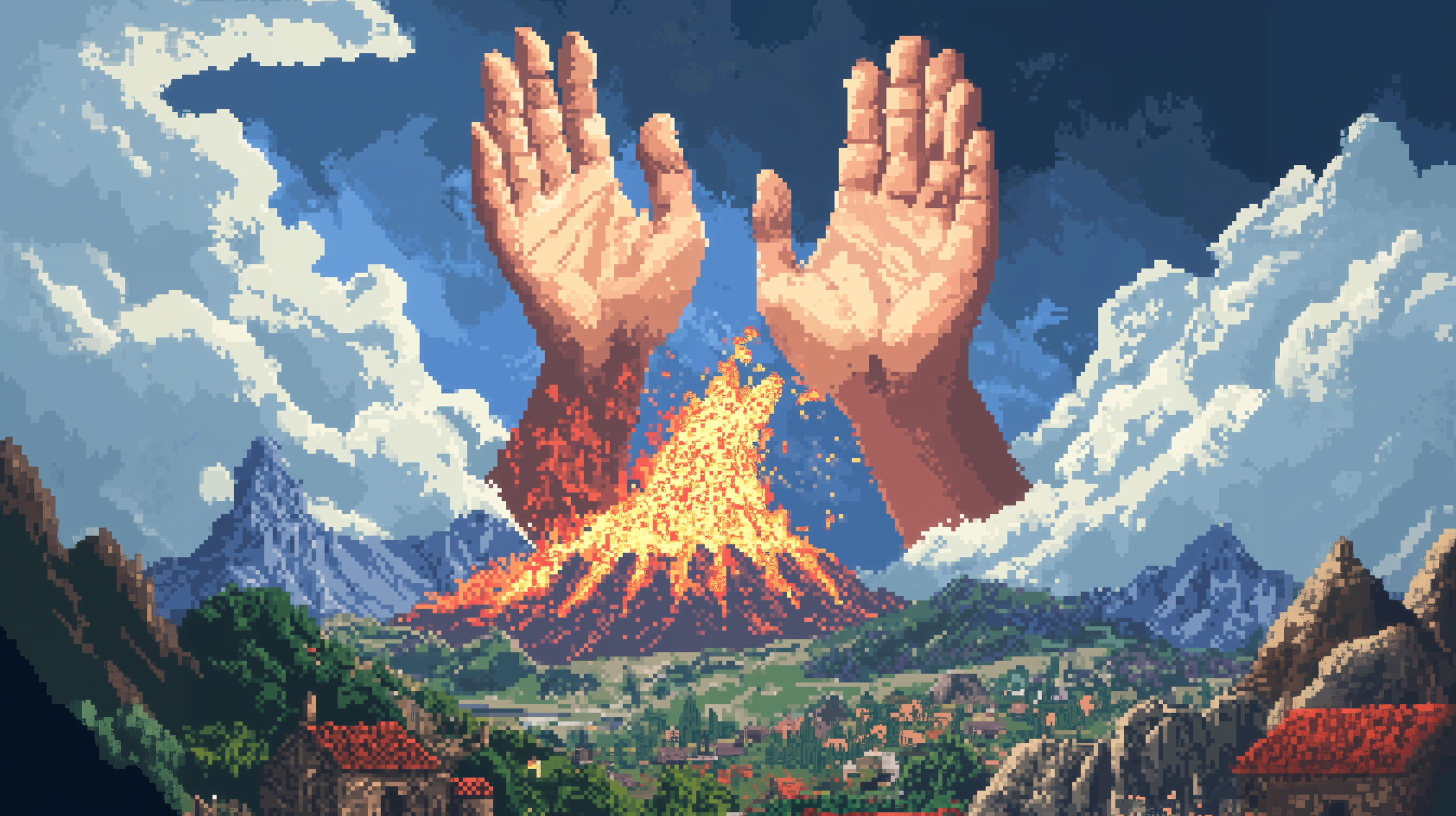 AI-generated pixel art of a god's hands reaching down out of the sky with an epic landscape showing villagers and natural disasters like volcanoes and tsunamis.