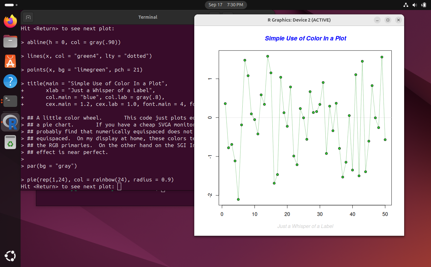 A plot demo generated in R with R running in Ubuntu terminal in the background