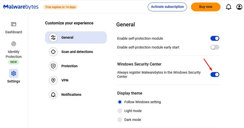 Always register Malwarebytes in the Windows Security Center