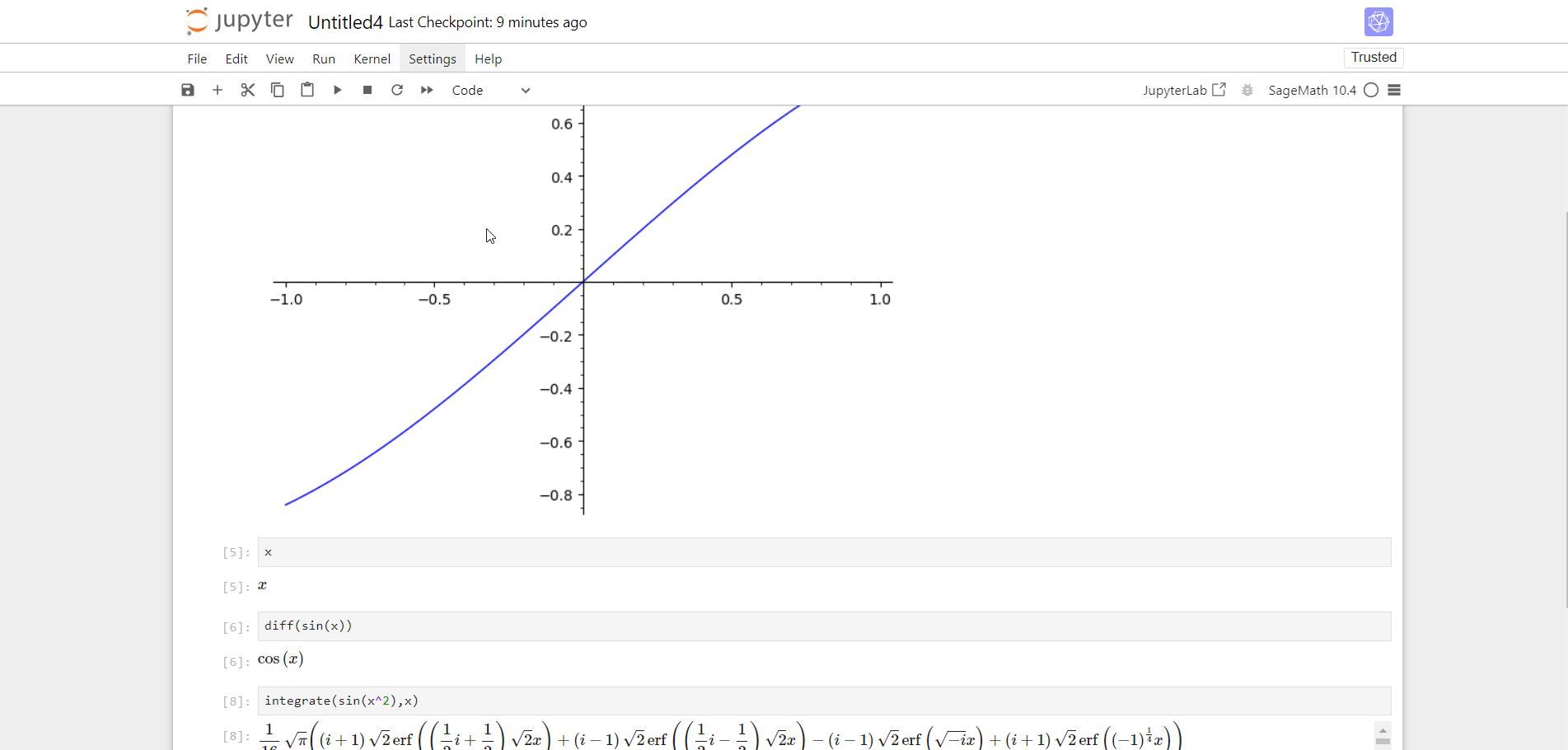 Sagemath plotting a sine curve, as well as taking derivatives and integrals of a sine function in a Jupyter notebook.