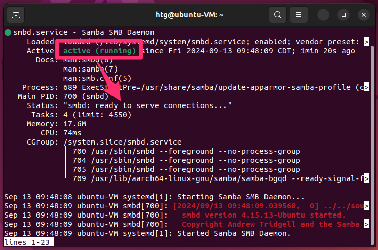 Samba is running and ready to serve connections.