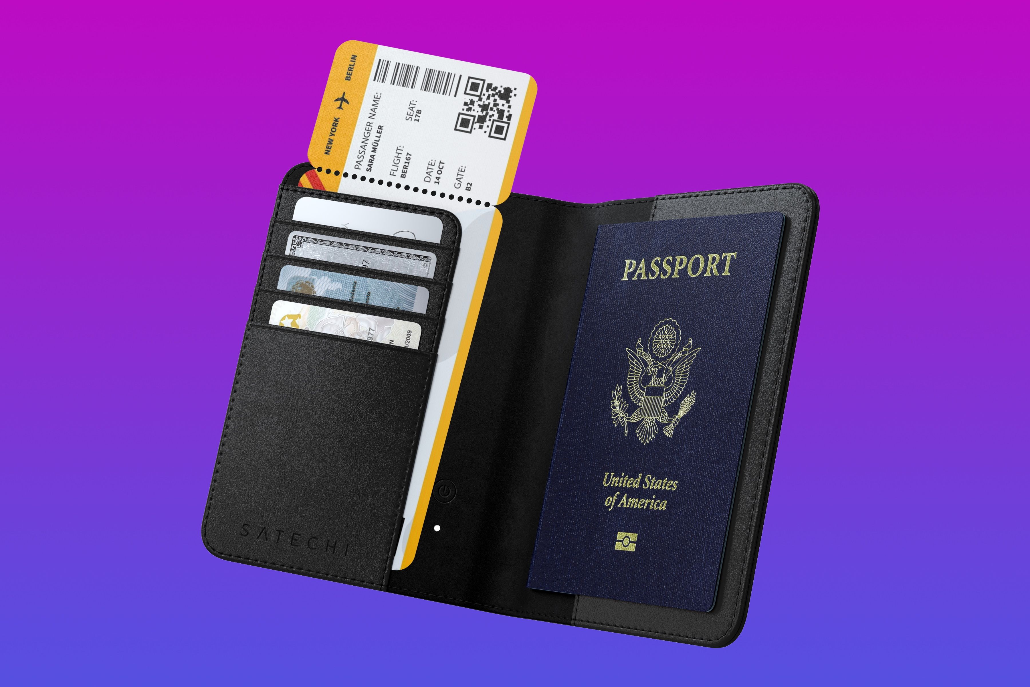 A passport, credit cards and a plane ticket in a wallet, set against a color gradient background.