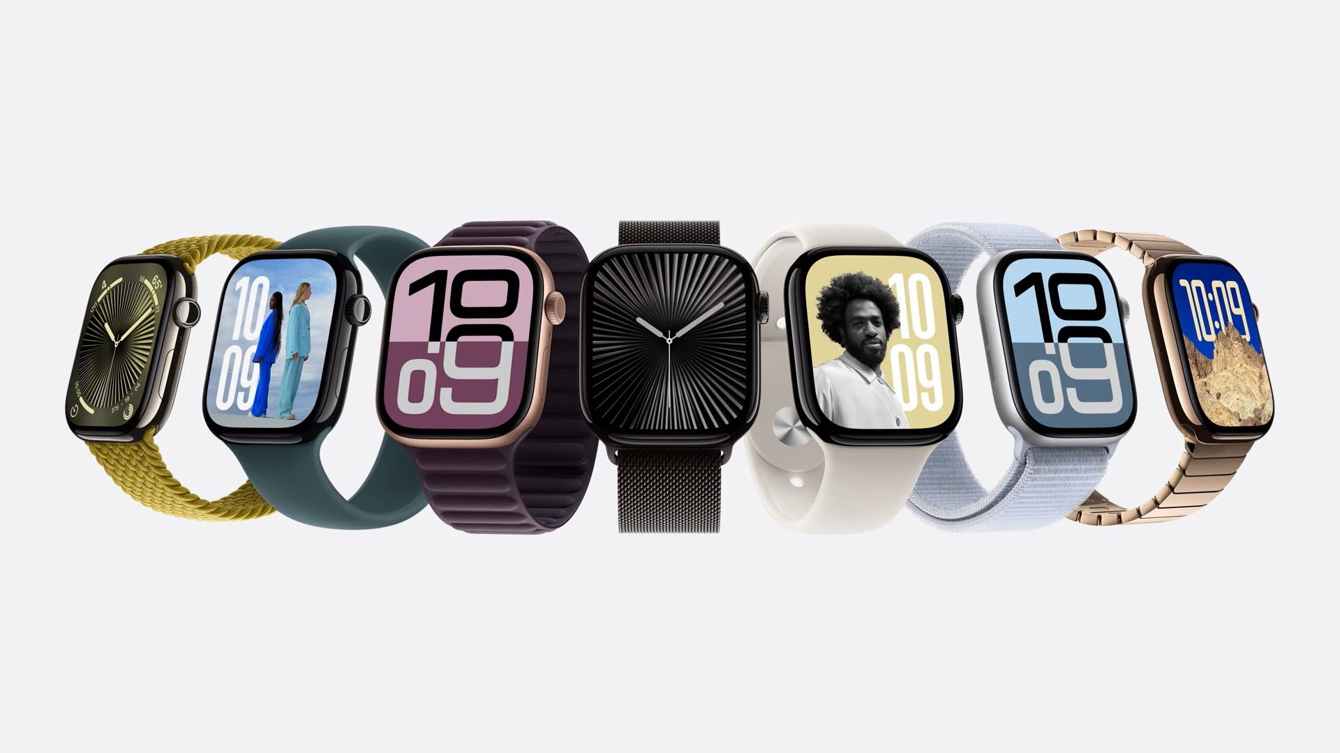 Several Apple Watch models in different colors.