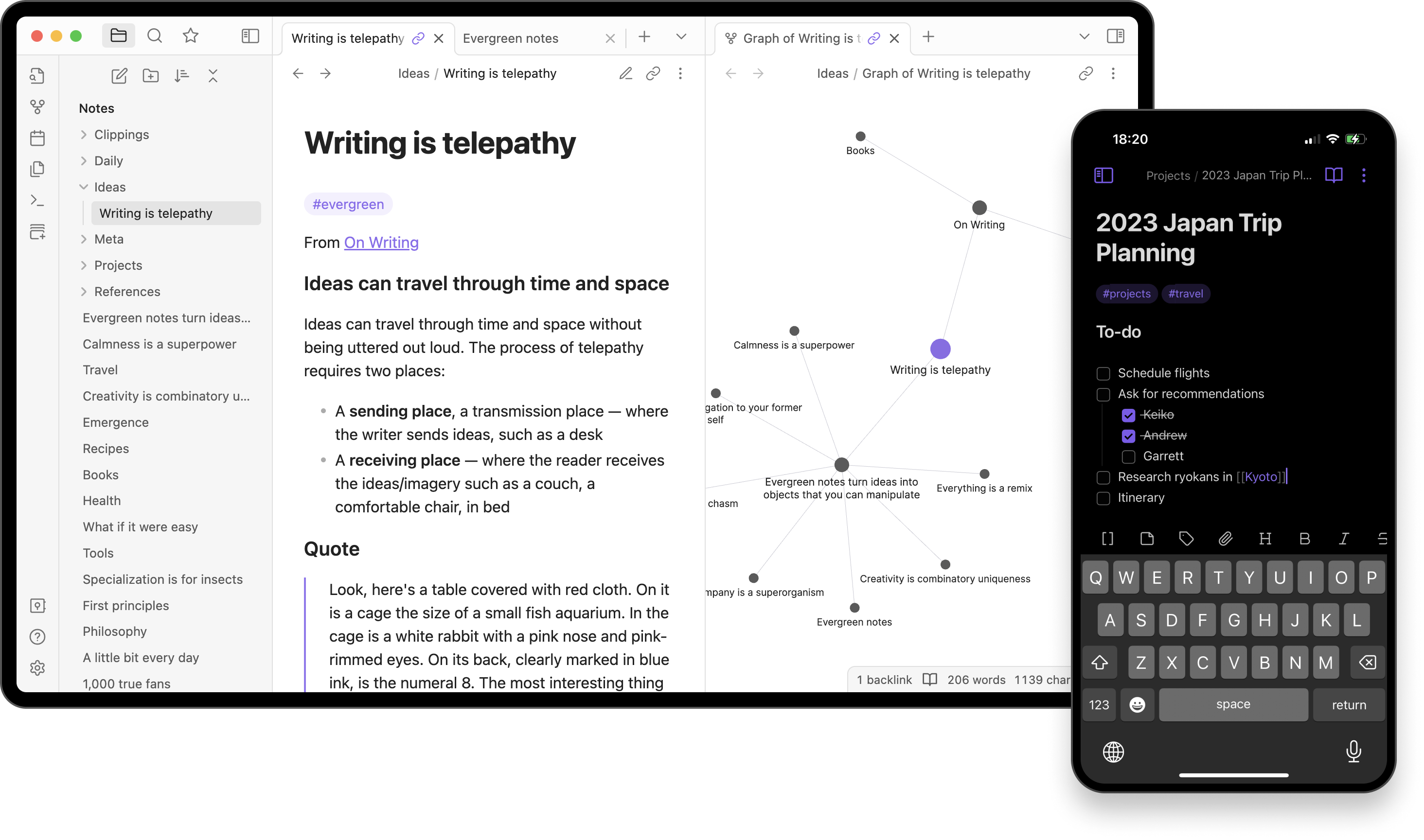 Obsidian app running on desktop and phone, showing organized notes and knowledge graph.