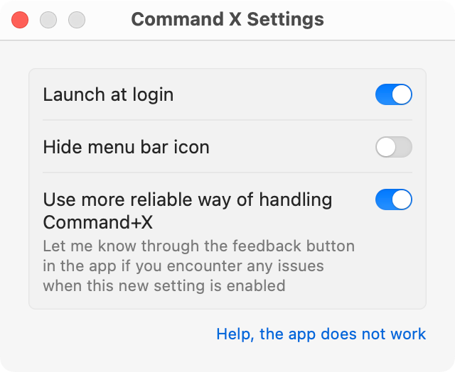 The Settings panel for the Command X app.