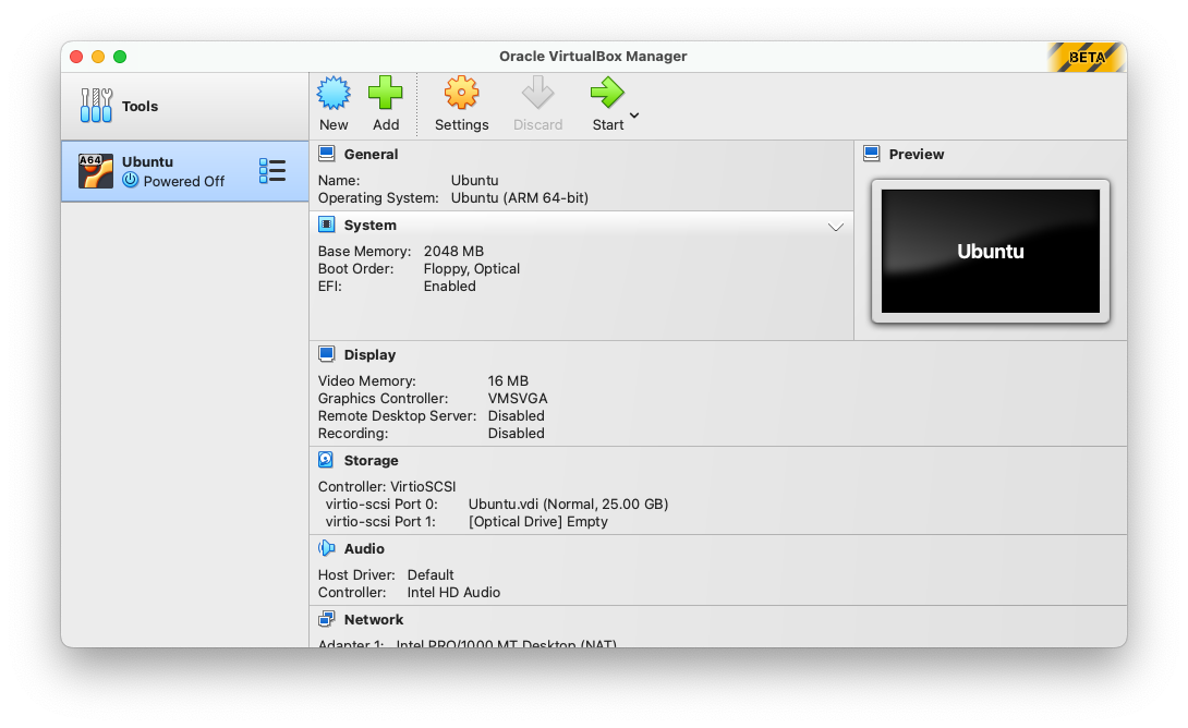 VirtualBox Manager interface displaying settings for a powered-off Ubuntu virtual machine, including system and storage info.