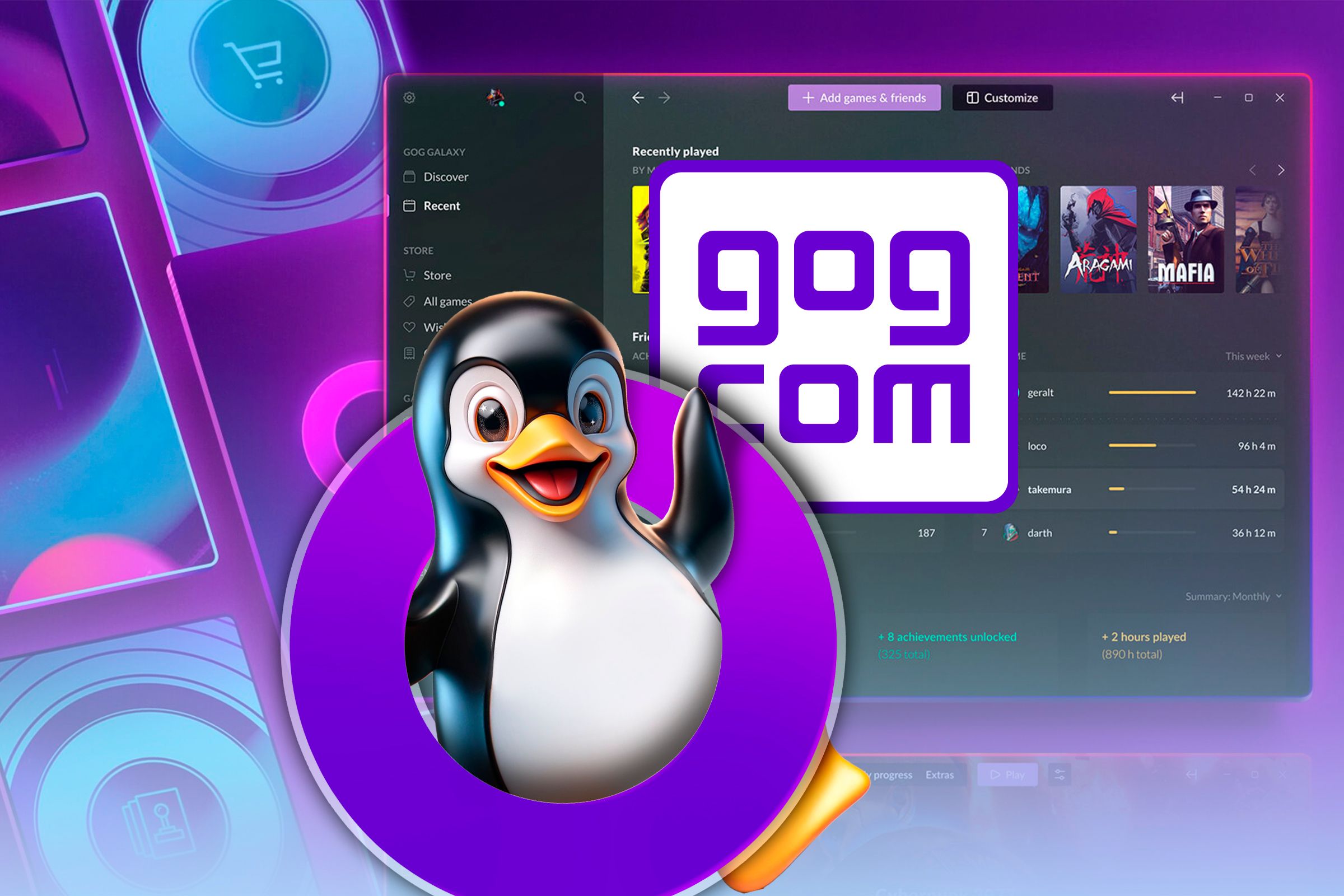 Screenshot of GOG Galaxy with the Linux mascot waving and the GOG logo