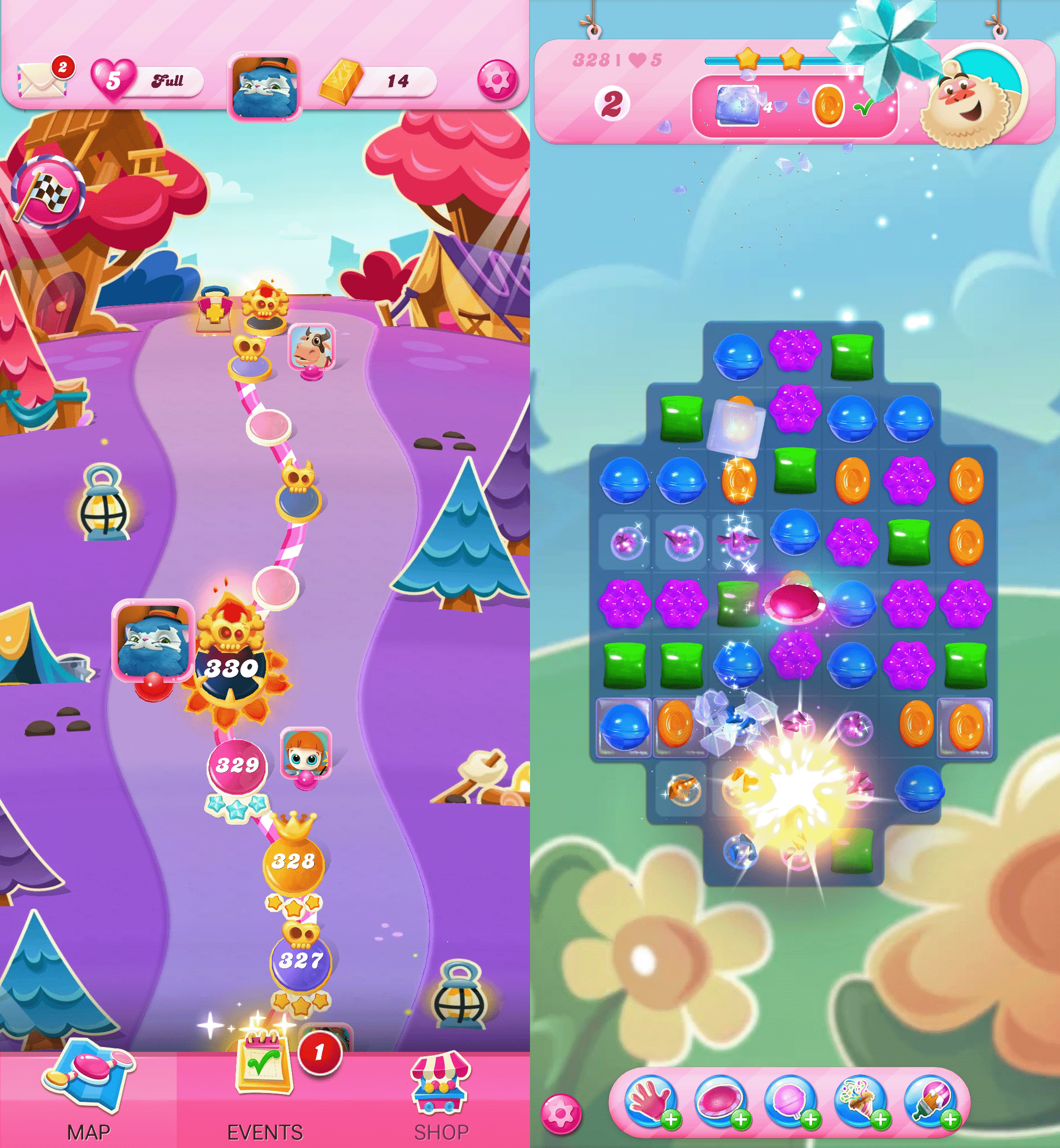 Two side-by-side screenshots from Candy Crush Saga.