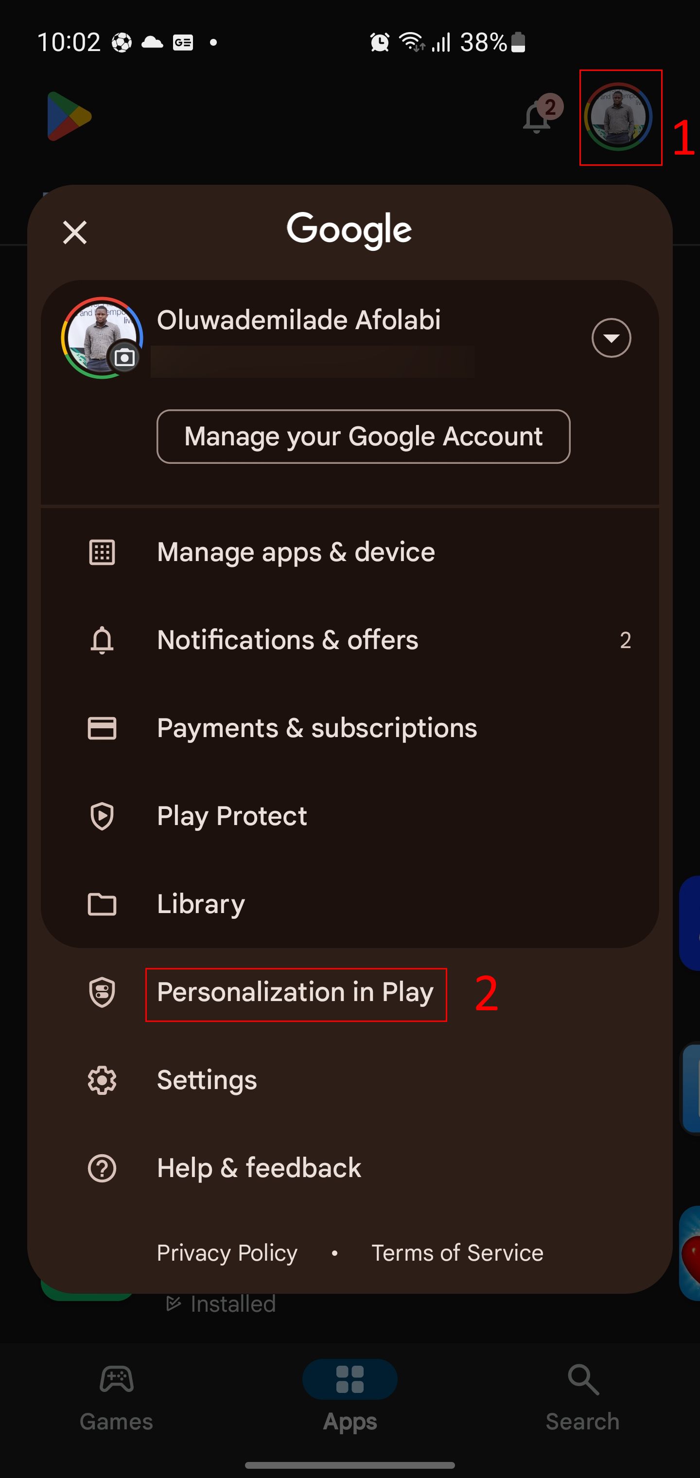 Screenshot showing Personalization in Play