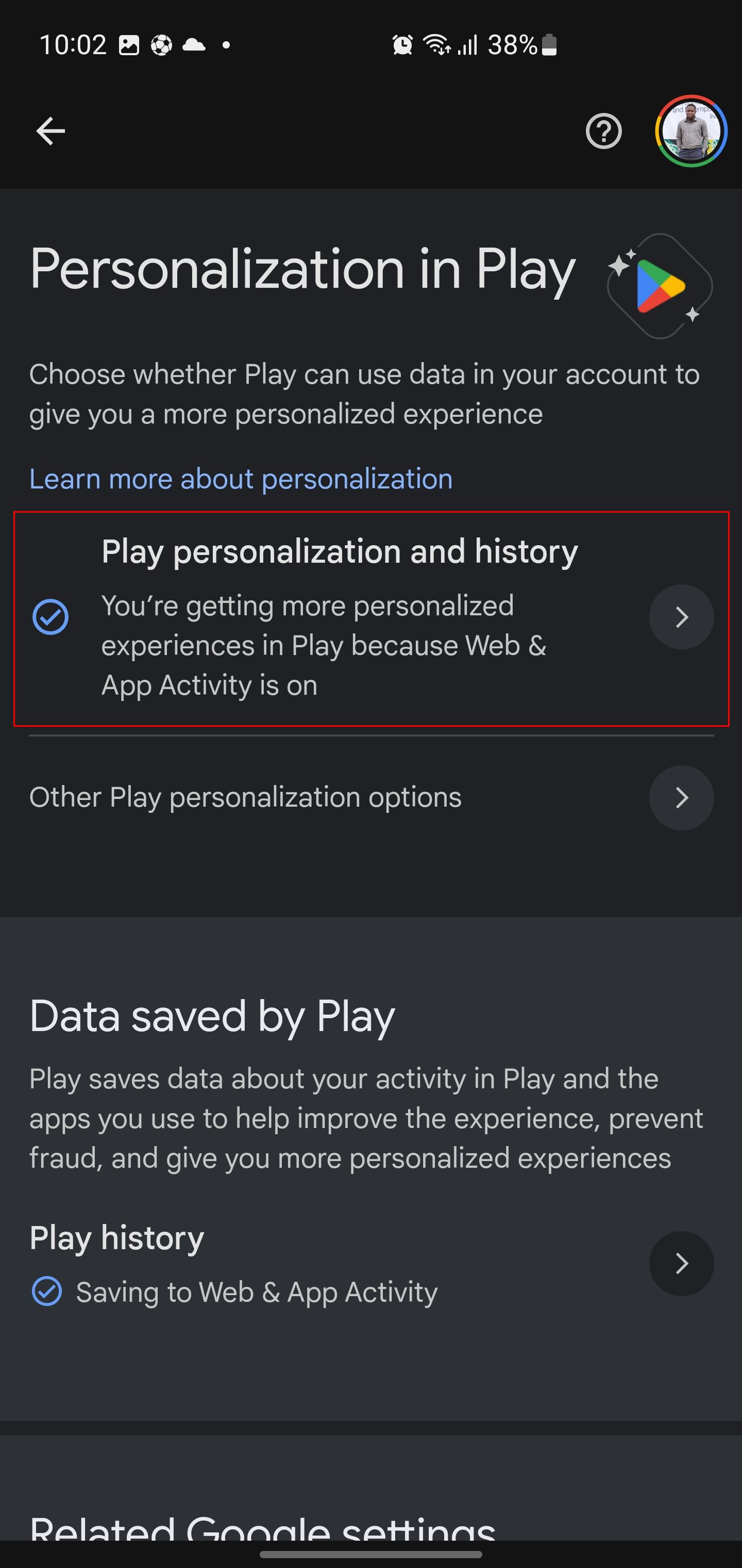 Screenshot showing Play personalization and history