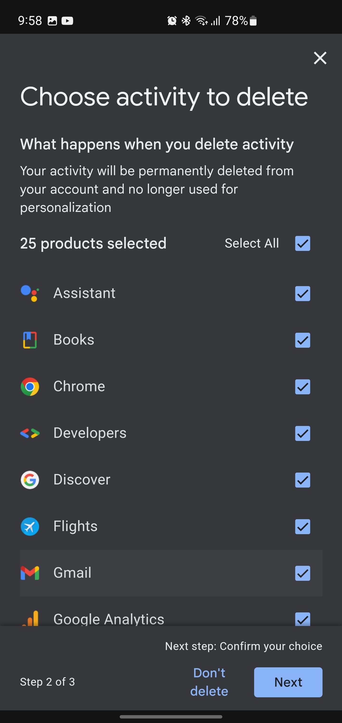 Screenshot of choosing activity to delete