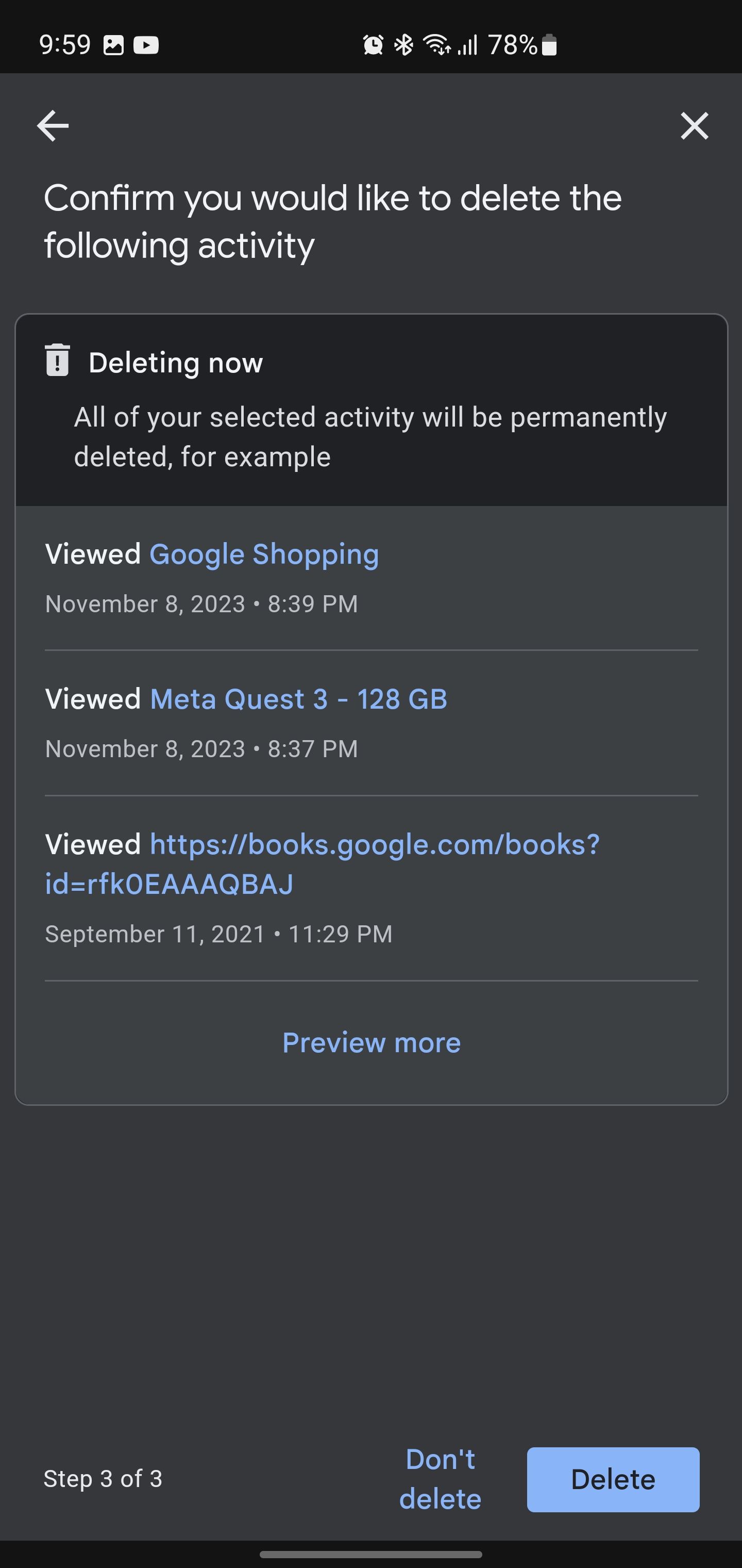 Screenshot of Confirming to delete web activity