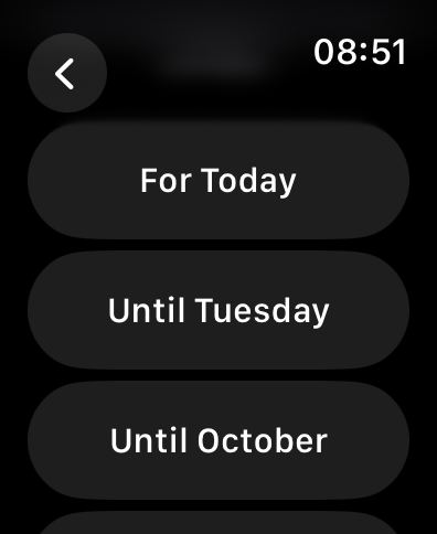 Selecting how long to pause Activity rings for on Apple Watch.