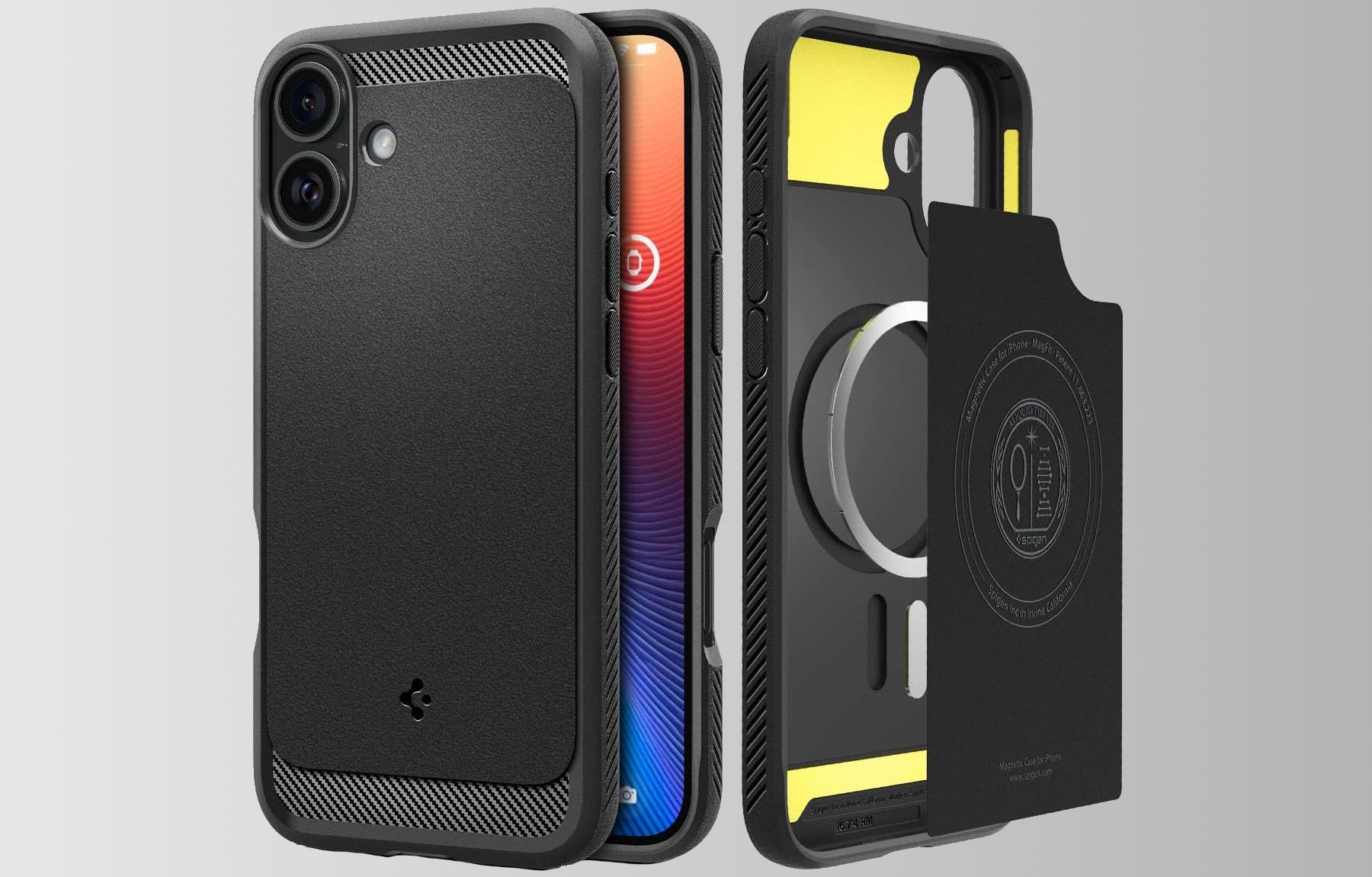 Spigen Rugged Armor MagFit case, front and back, attached to iphone 16 plus smartphone