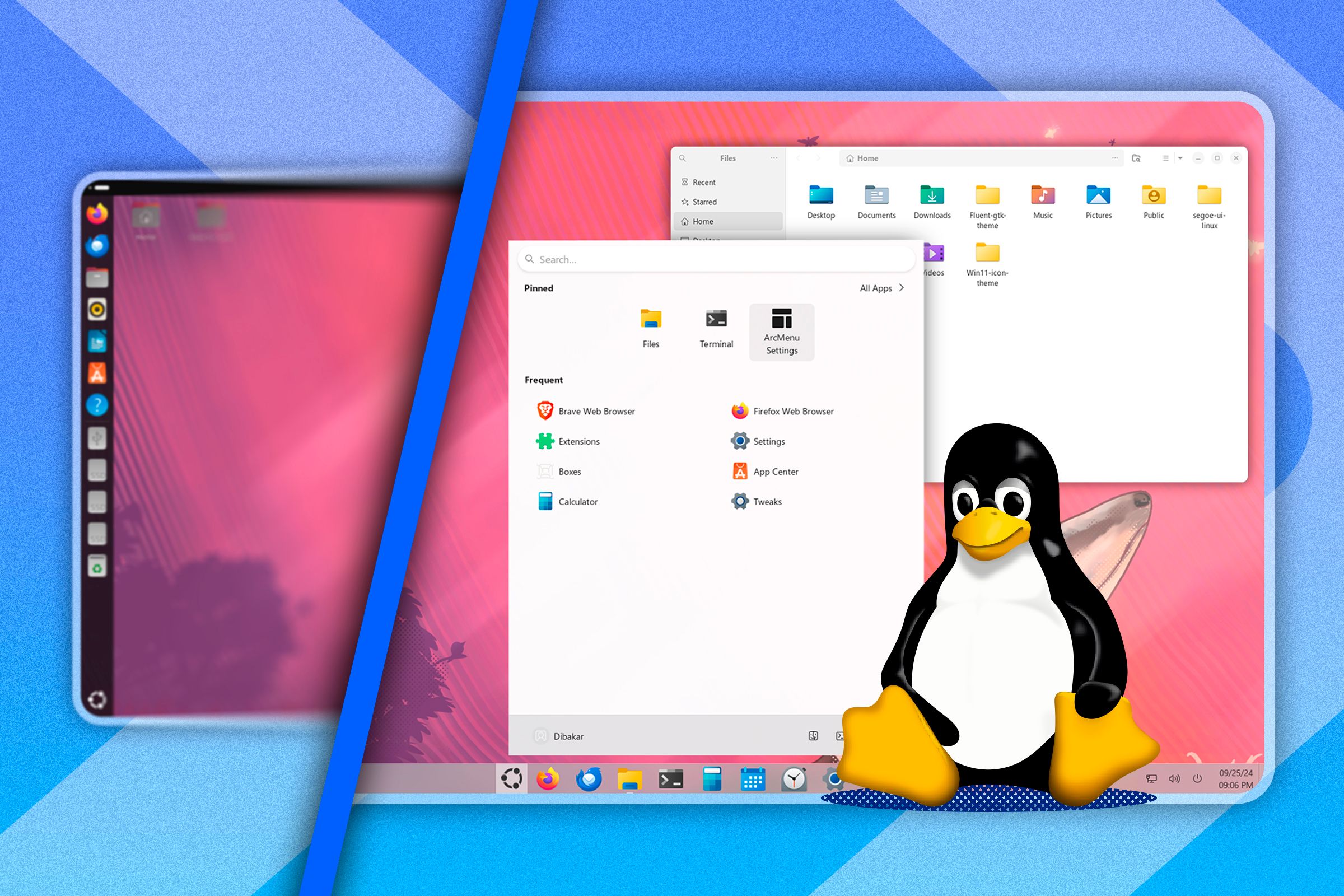 Split screen with standard Ubuntu on the left and Ubuntu similar to Linux on the right, with Tux next to it.