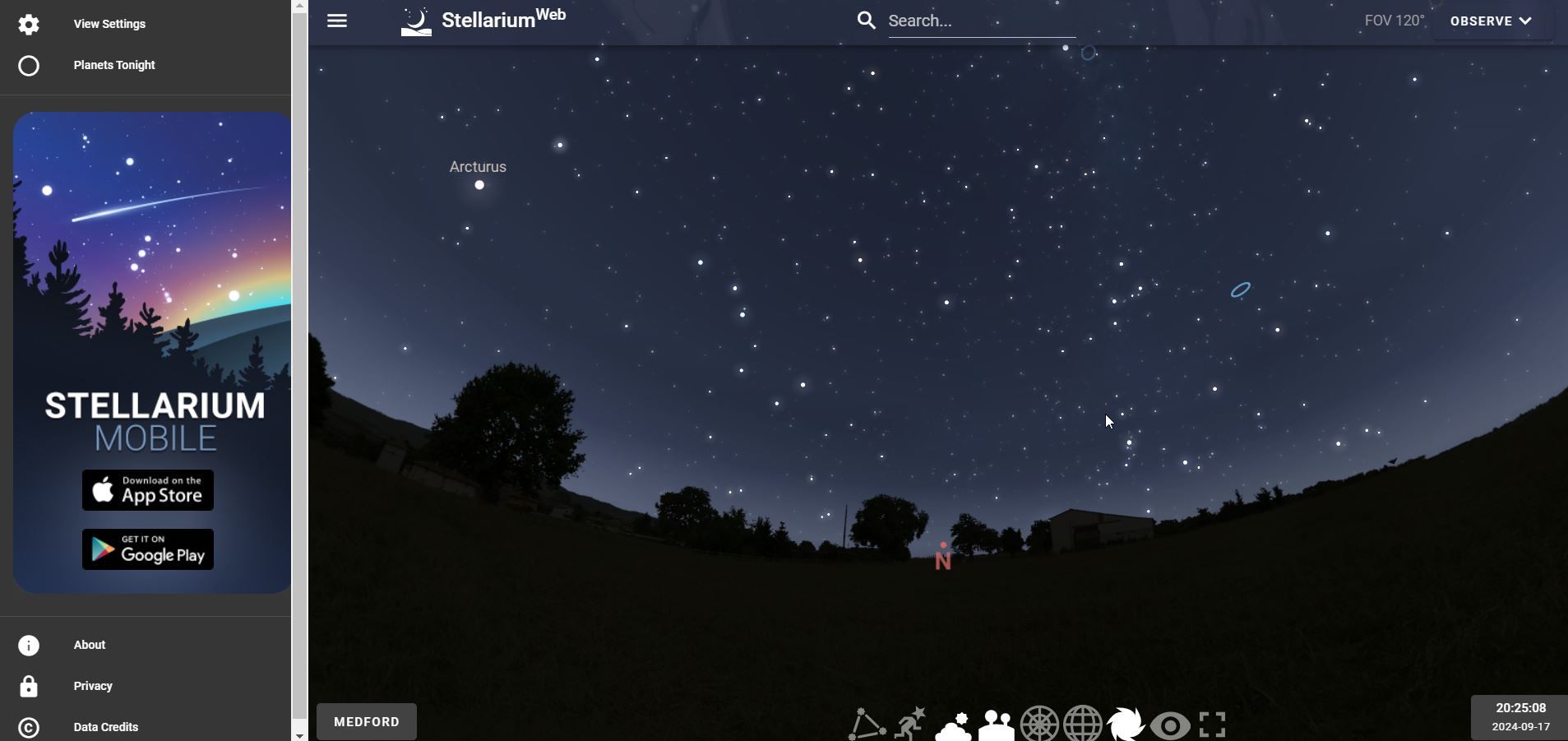 Stellarium web version showing night sky of Medford, Oregon