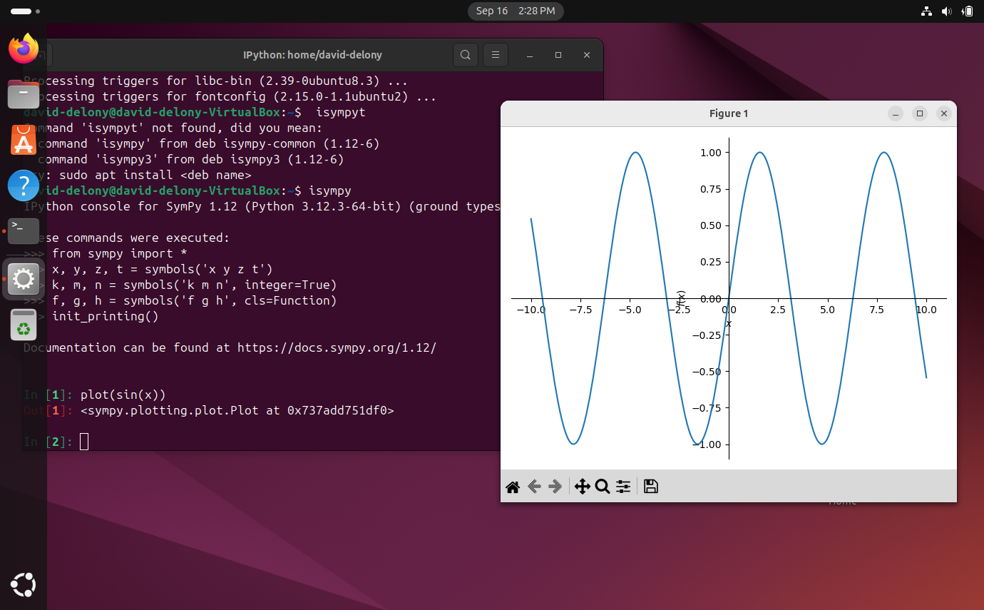 A plot of a sine wave in SymPy with the Ubuntu terminal