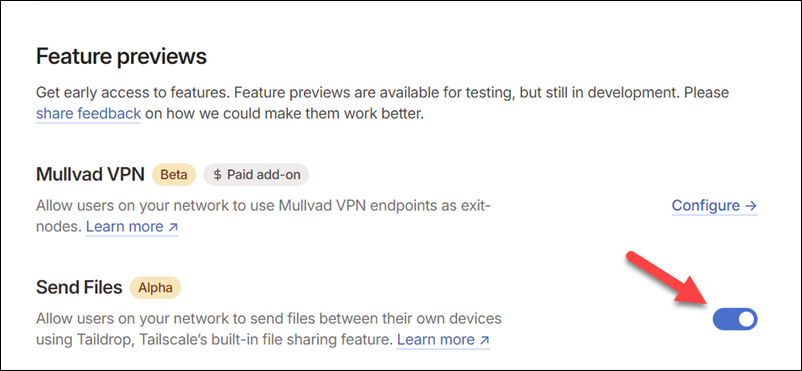 Enabling the Taildrop send files feature in Tailscale