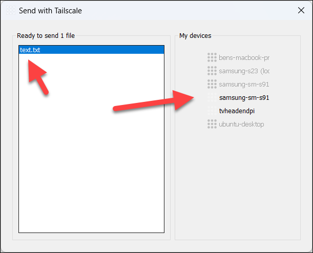 Options for sending a file in Tailscale on Windows