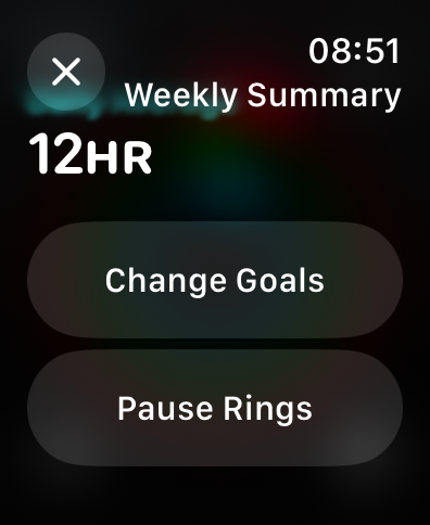 The %22Pause Rings%22 option in the Activity app's Weekly Summary..