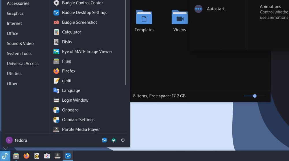The desktop on the Budgie Spin of Fedora Linux.