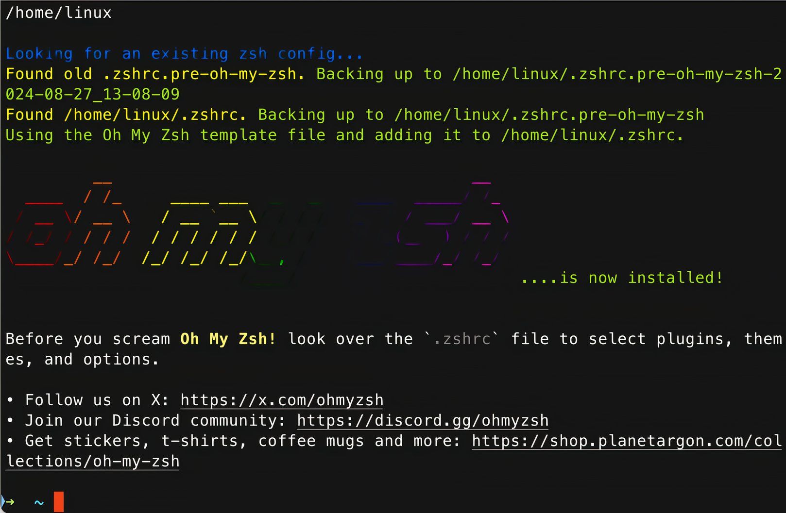 The oh my zsh successfull installation screen.-1