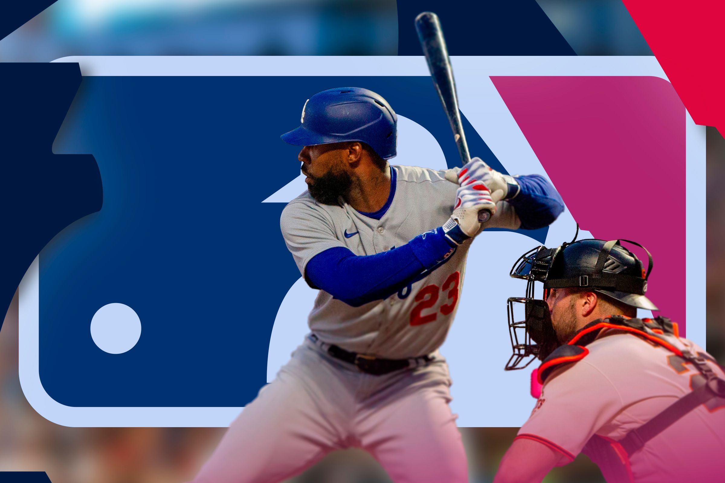 Two baseball players with the MLB logo in the background.