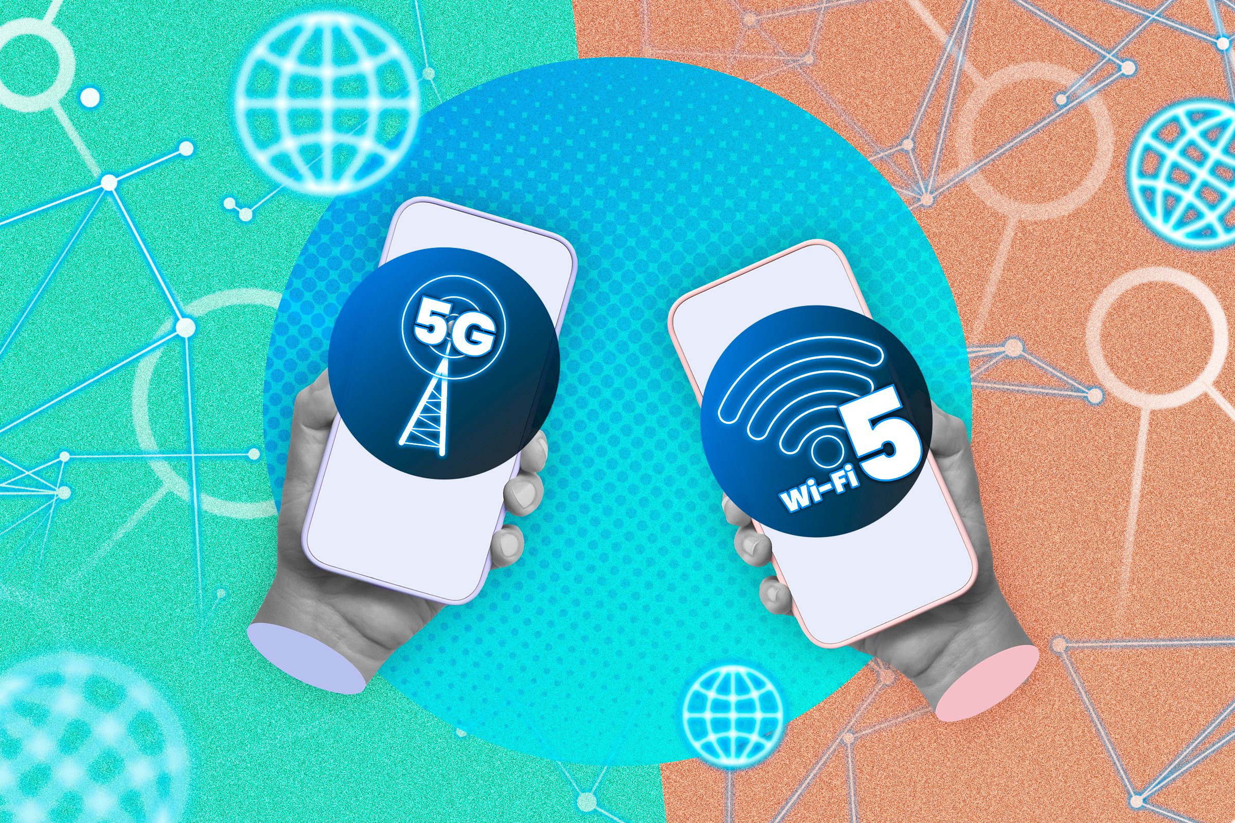 Two hands holding phones, one displaying a 5G image and the other showing a Wi-Fi 5 image.