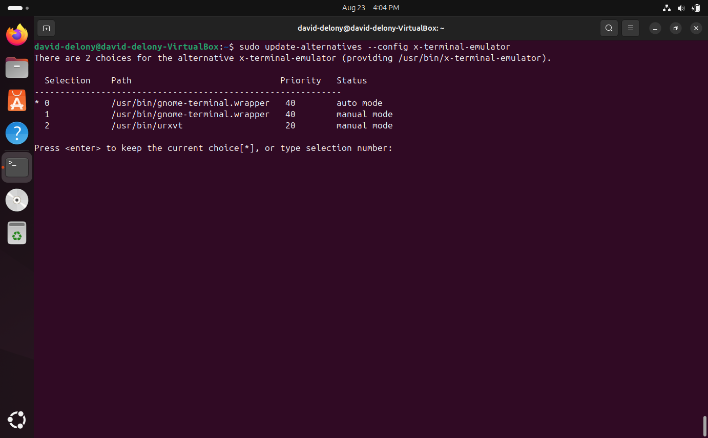 Changing the default terminal program in Ubuntu with the update-alternatives command in a terminal window.