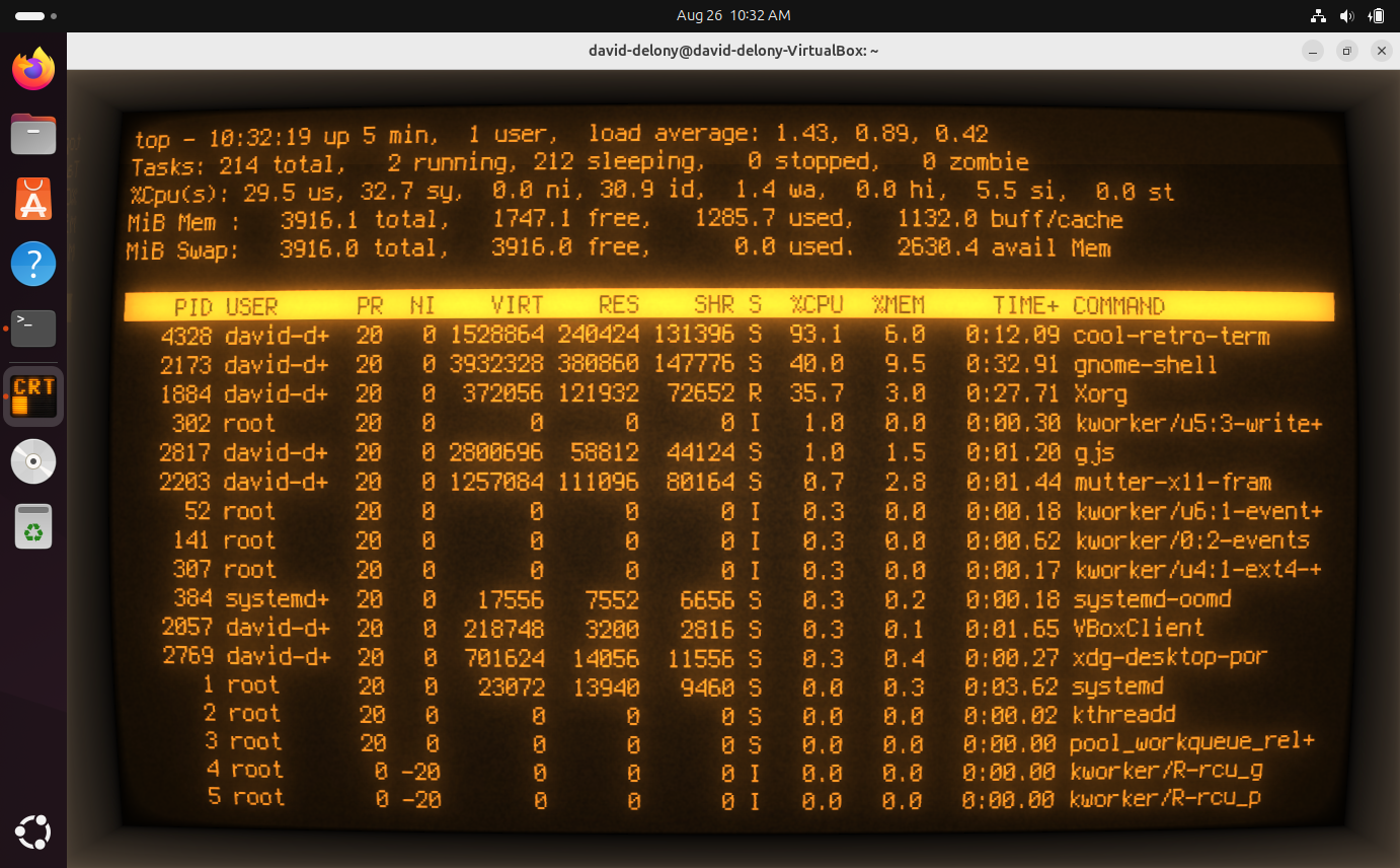 A Linux top command listing in cool-retro-term on Ubuntu