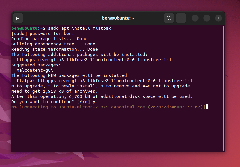 In the terminal, run the command sudo apt install flatpak to begin installing Flatpak on Ubuntu and Debian systems.