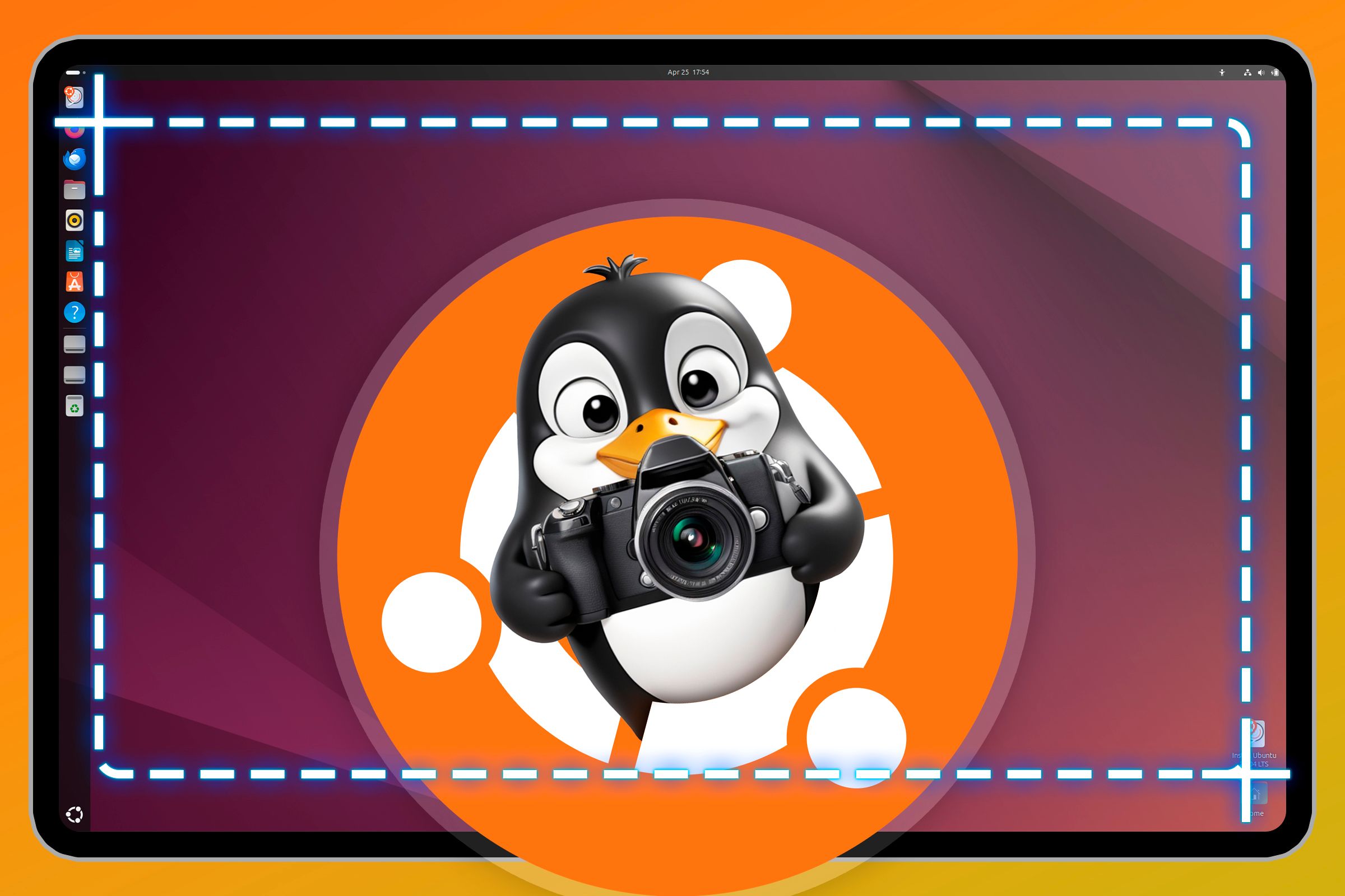 Ubuntu logo with the Linux mascot holding a camera and the Ubuntu home screen in the background.