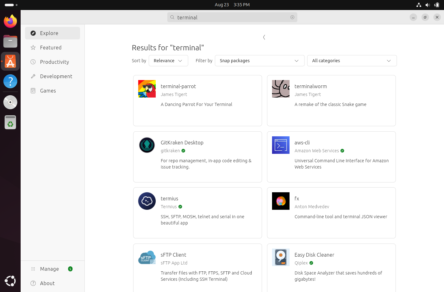 A search for 'terminal' in the Ubuntu Software Center.