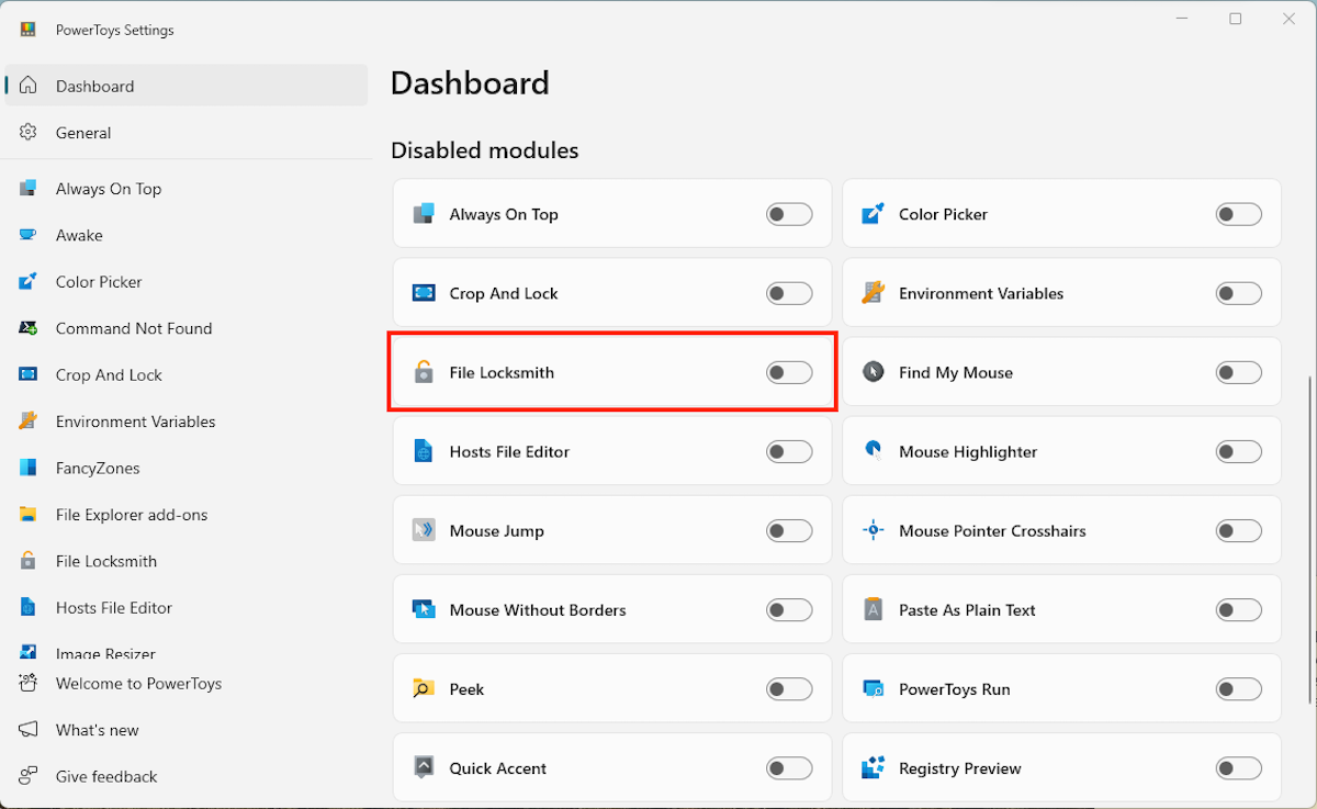 The PowerToys settings screen showing the toggle to enable File Locksmith.