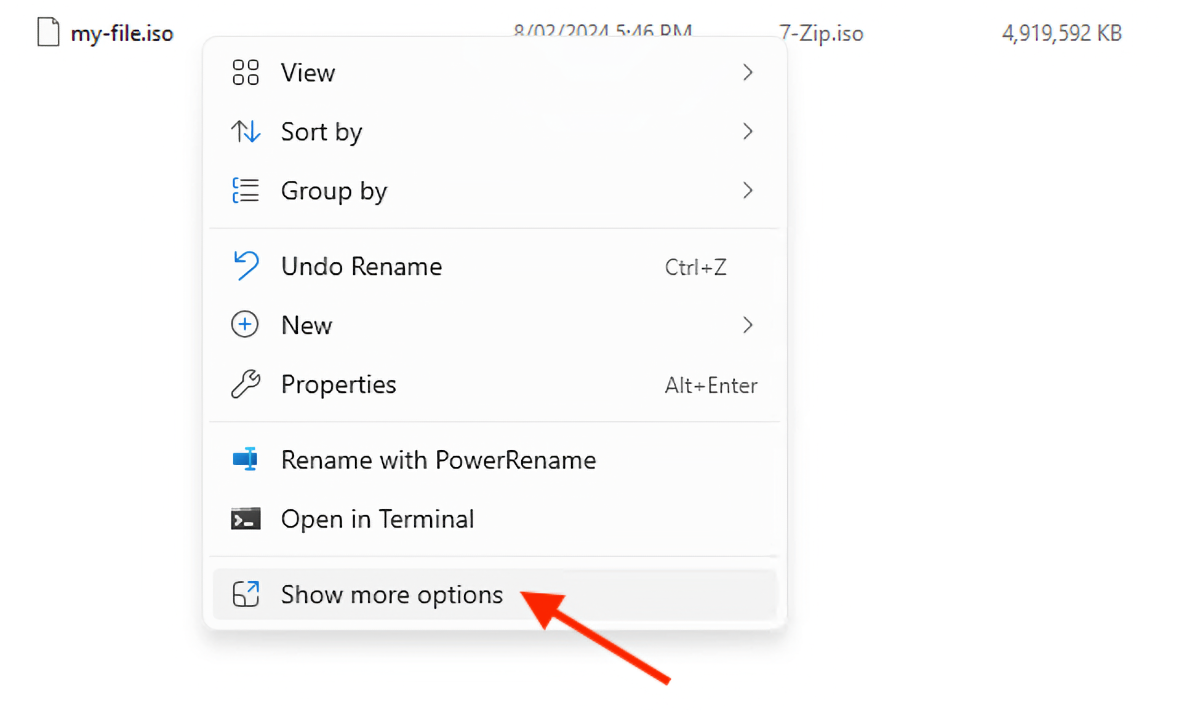 The location of the 'Show more options' button in the context menu.