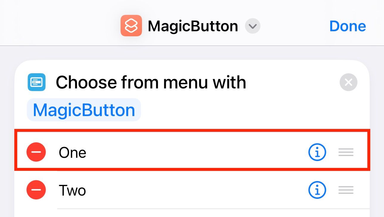 Renaming action in the Choose From Menu action.