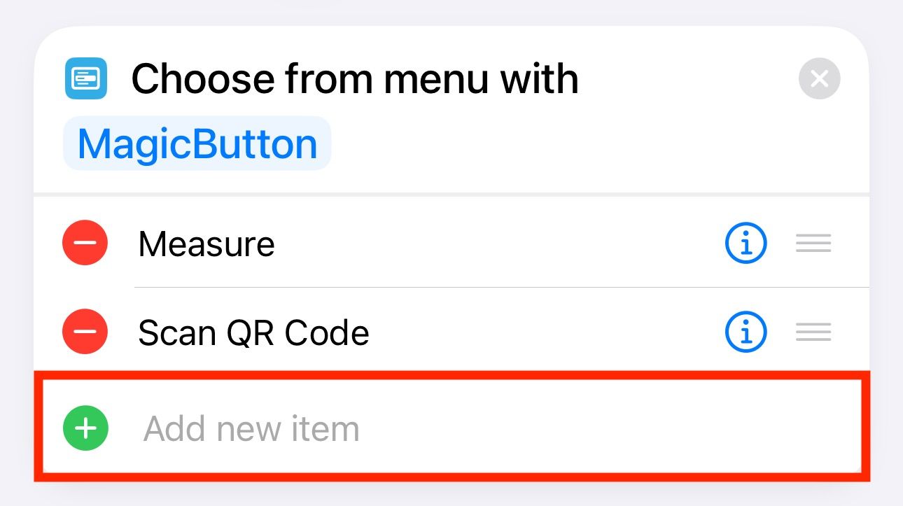 Adding a new menu item to a list in a shortcut.