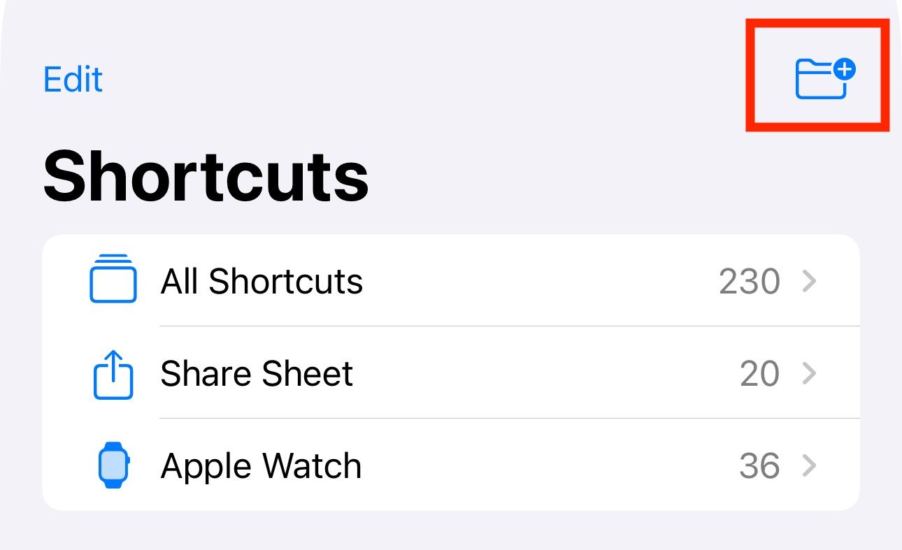 Creating a new folder in the iOS Shortcuts app.