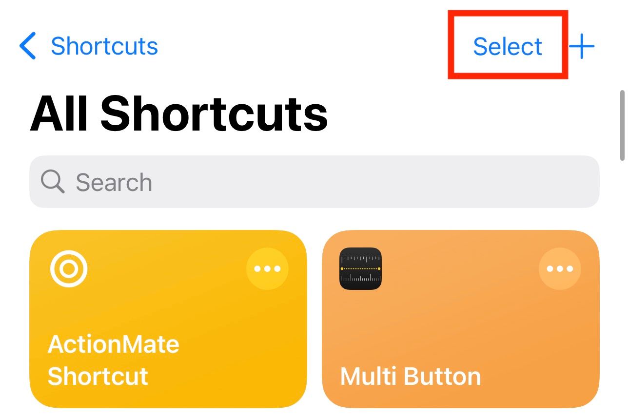 Select option in the Shortcuts app to select shortcuts.