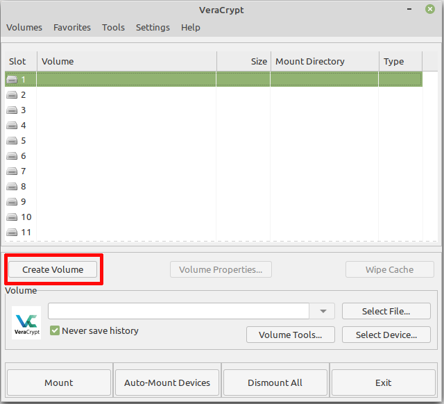 The create volume button in VeraCrypt