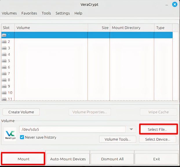 Mounting a drive in VeraCrypt.