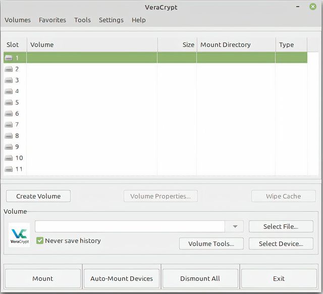 VeraCrypt's main interface.