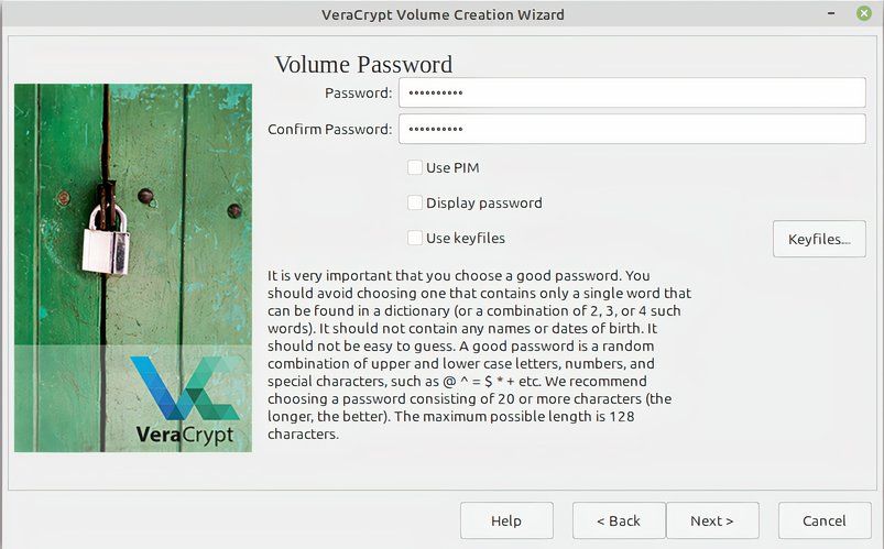 Setting a password in VeraCrypt.