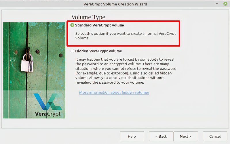 Choosing between standard or hidden volume in VeraCrypt.