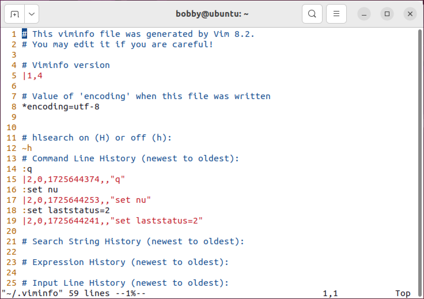 The contents of a .vimimfo file with a section for command line history